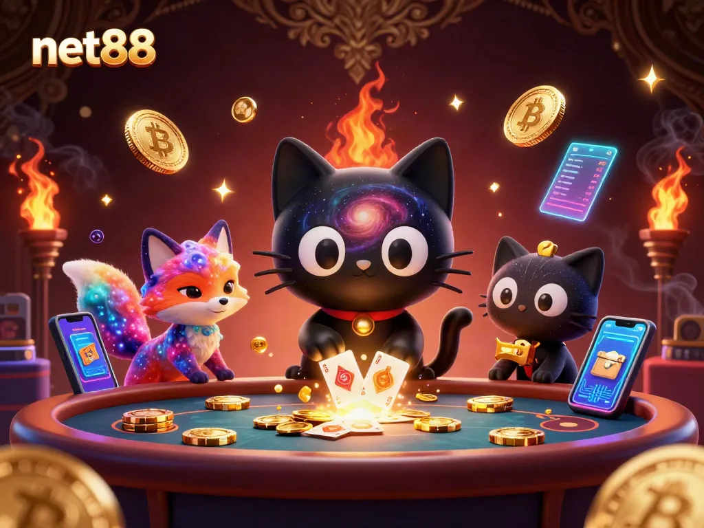 Engage with net88's vibrant cosmic casino world, featuring enchanting characters and cryptocurrency action.