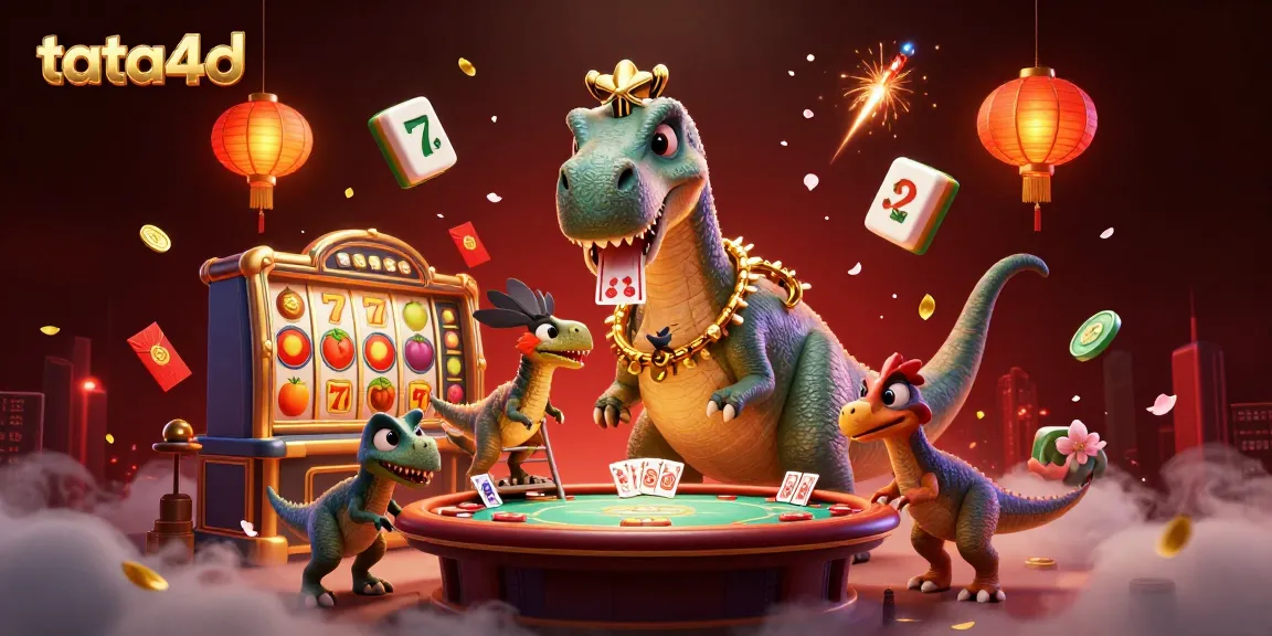 Immerse in the vibrant action of tata4d gaming with a majestic brontosaurus and dynamic casino elements.