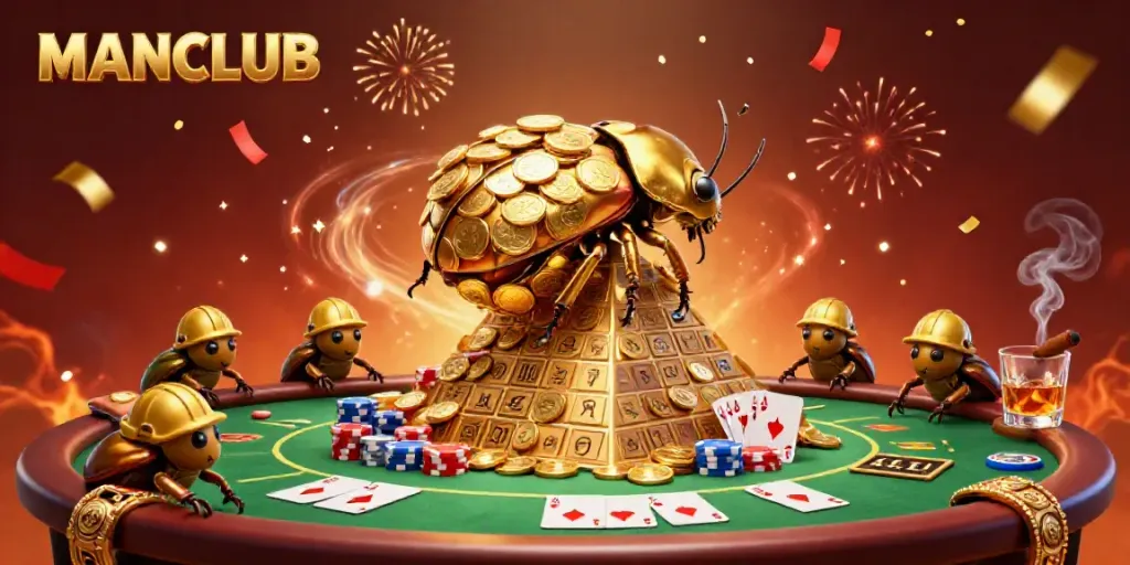 Engage in thrilling action with MANCLUB as golden beetles roll casino coins under vibrant fireworks.