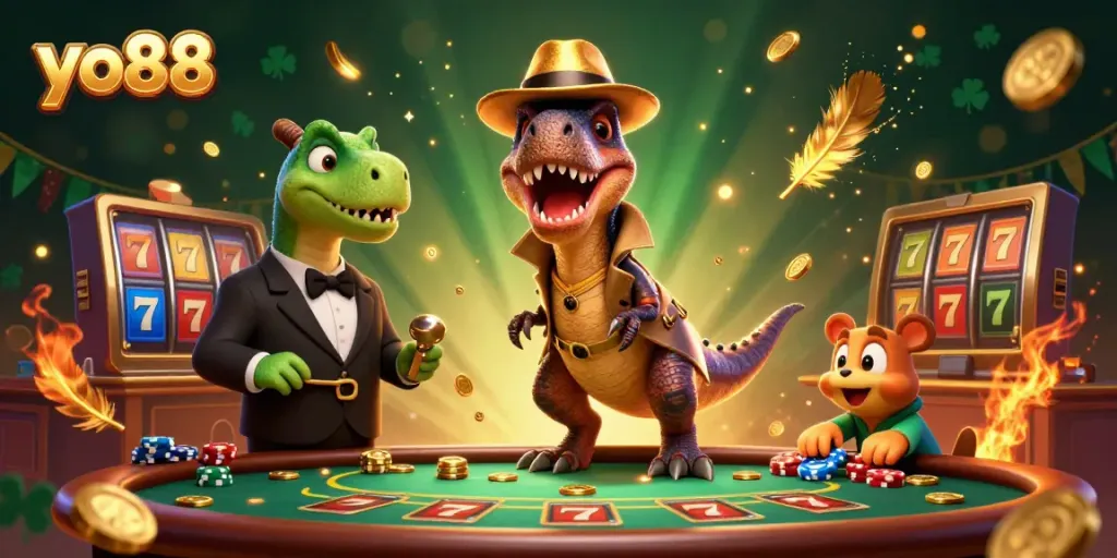 Join the thrilling action at yo88 with a velociraptor card counter at a blackjack table, gold coins swirling around.