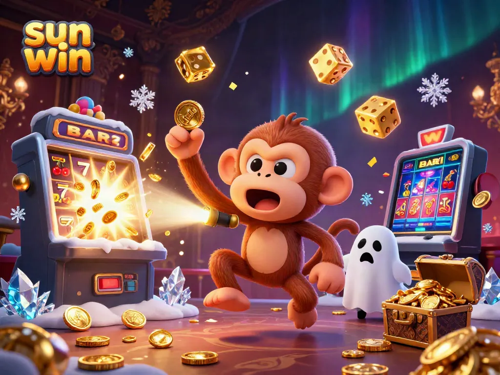 Engage with the sun win 3D casino scene featuring a poltergeist monkey juggling gaming items amidst a jackpot explosion.