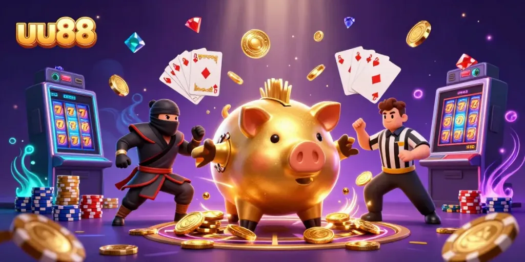 Witness the exciting action of uu88 with a dynamic scene featuring a golden piggy bank sumo wrestler amidst golden coins and jewels.