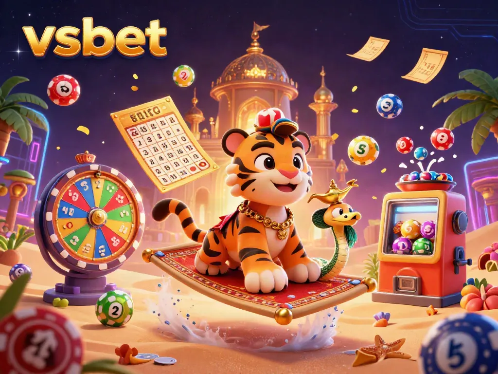 Experience excitement at vsbet with a vibrant scene showcasing a tiger sultan, magic lamp, and dynamic lottery elements.