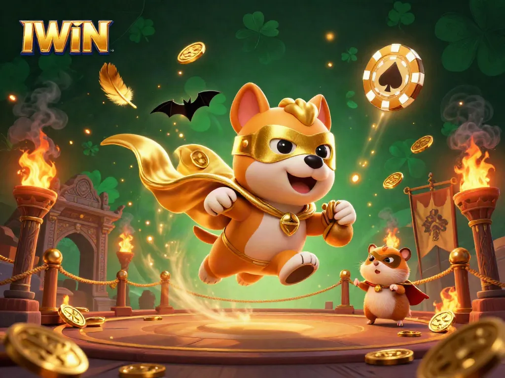 IWIN casino illustration depicting a dog superhero flying with gold coins, showcasing a vibrant gambling scene.