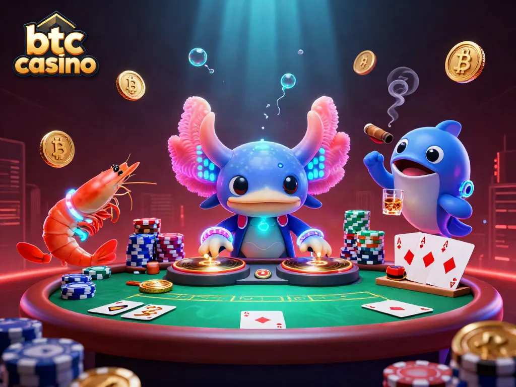 Engage in vibrant btc casino action with a neon axolotl DJ and lively characters.