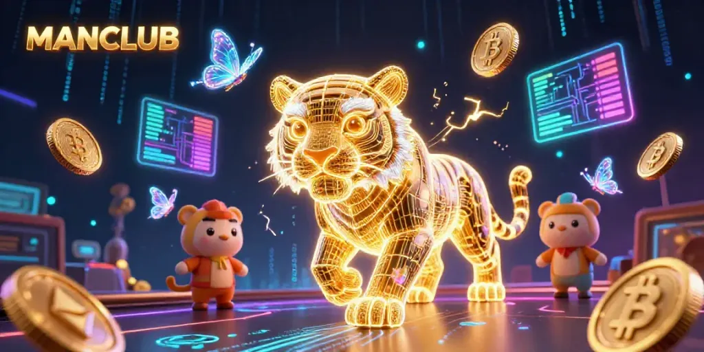 Experience the excitement of MANCLUB casino with a vibrant digital illustration featuring a golden tiger among crypto elements.