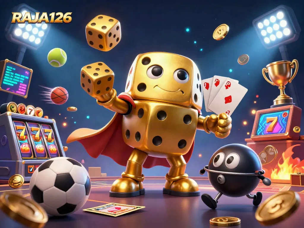 Engage with RAJA126's exciting gambling scene featuring a golden dice golem, slot reels, and sports elements.