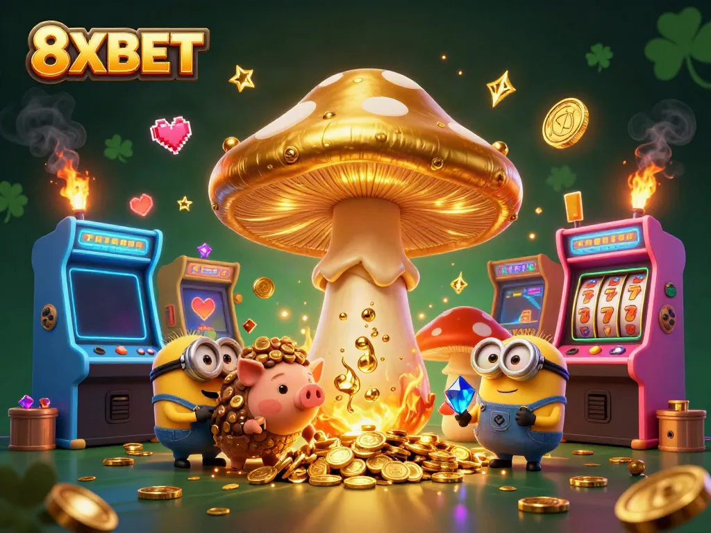 Engage with the dynamic world of 8XBET, featuring vibrant gaming characters and casino elements.