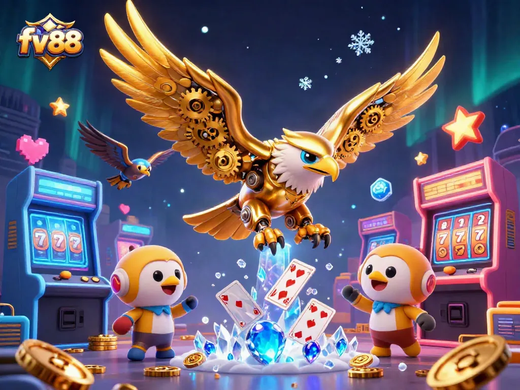 Engage with dynamic casino gaming action featuring fv 88 amidst flying cards and gold coins.