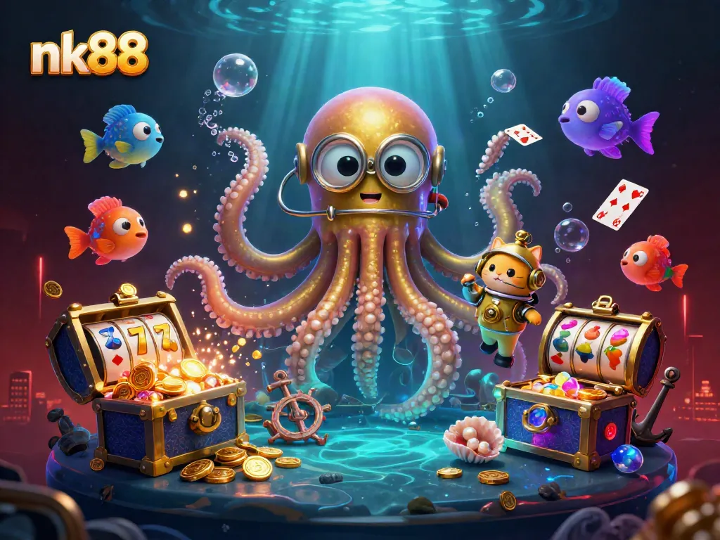 nk88 showcases thrilling slot action with a kraken and diving cat amidst treasure and vibrant casino elements.