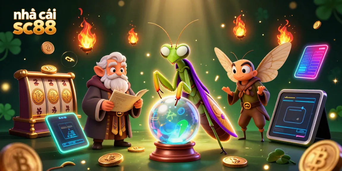 Join the fortune teller with the wise librarian in a vibrant scene at nhà cái sc88, highlighting exciting casino games.