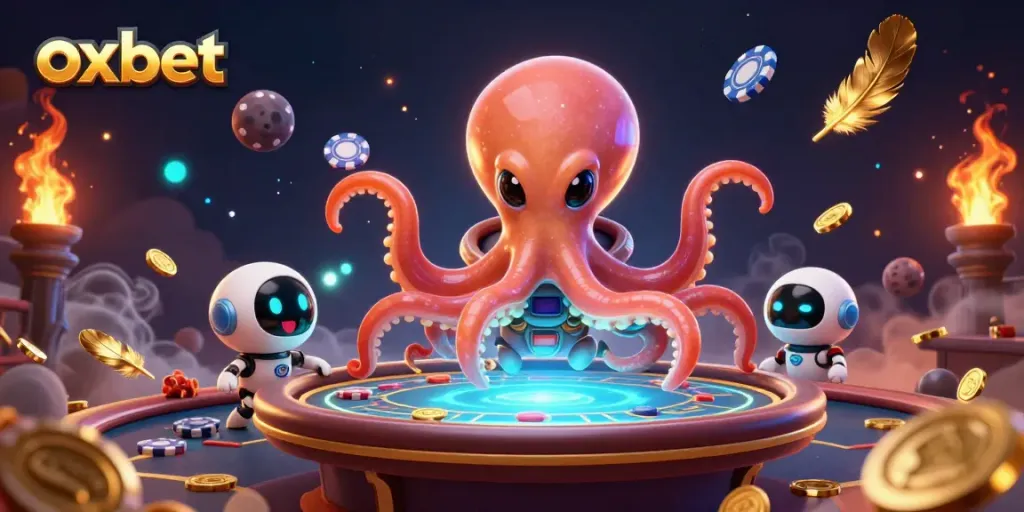 Experience the thrilling oxbet galaxy poker game with lively animated characters and vibrant casino elements.