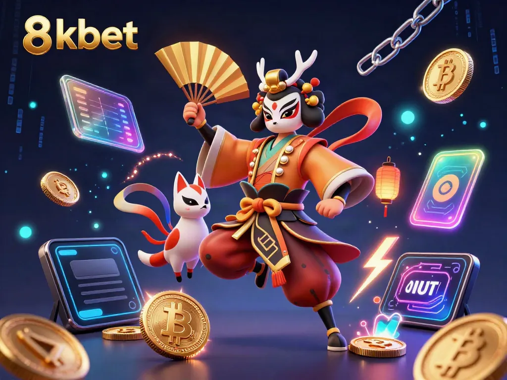 Engage with 8kbet's vibrant casino world featuring traditional characters and dynamic crypto elements.