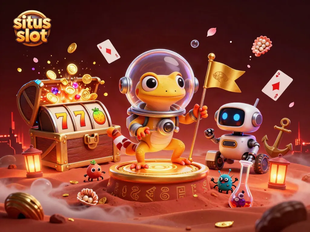 Engage in the excitement of situs slot with a vibrant 3D casino illustration showcasing thrilling gameplay.