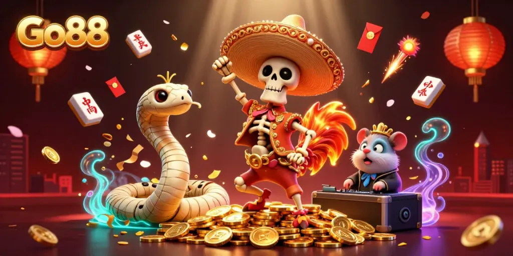 Experience thrilling gaming action with Go88's vibrant 3D casino celebration illustration