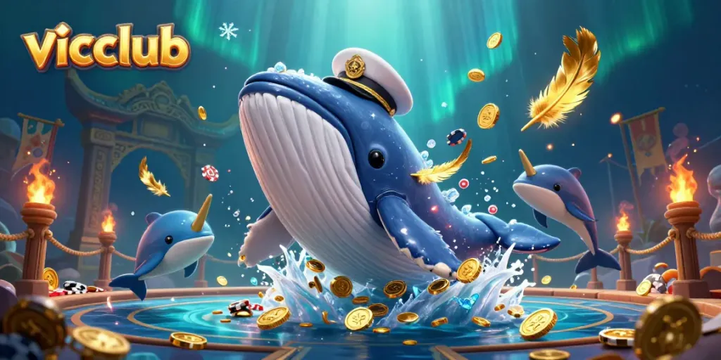 Engage with vicclub's interactive gaming experience featuring a playful whale and dolphins amidst casino excitement.