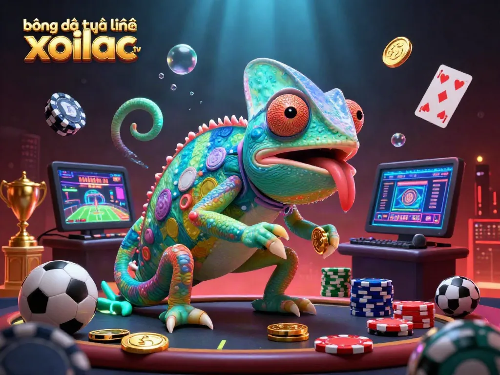 Experience thrilling bóng đá trực tuyến xoilac tv with dynamic sports betting and vibrant game elements including trophies and playing cards.
