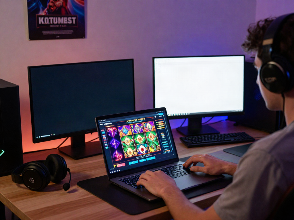Engaging with server Thailand slot games on a vibrant gaming platform in a cozy home office.