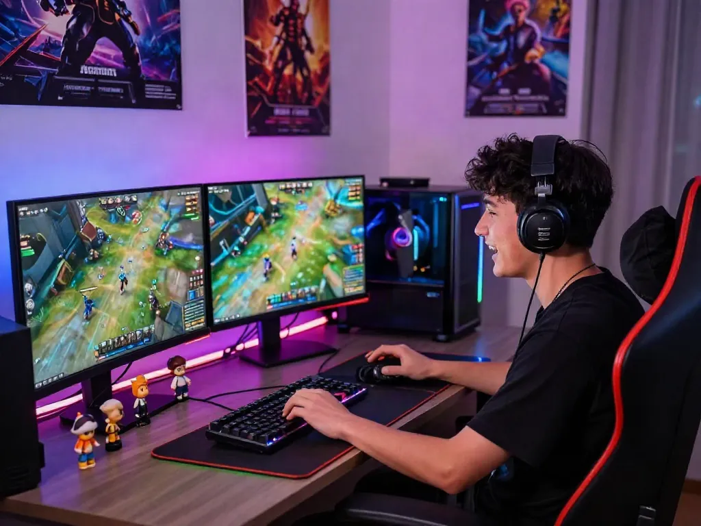 Gamer fully immersed in istana404 online gaming experience, vibrant desk setup with multiple screens.