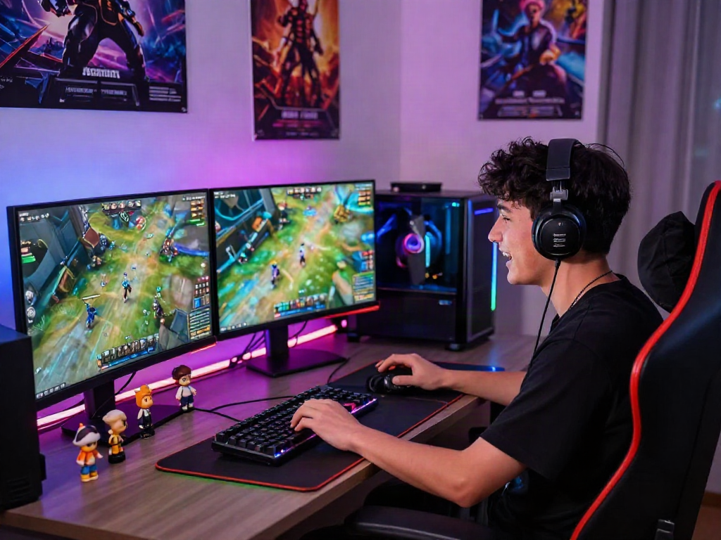 Gamer fully immersed in istana404 online gaming experience, vibrant desk setup with multiple screens.