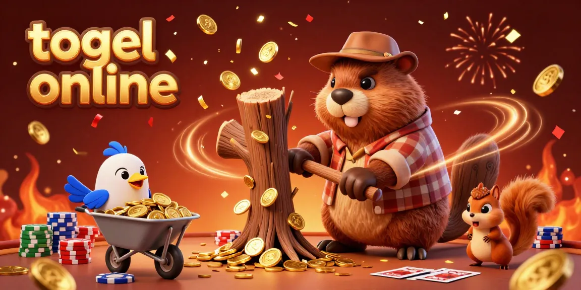 Ilustrasi togel online menggambarkan karakter berang-berang 3D yang memotong pohon yang menghasilkan koin emas di tengah pesta permainan.