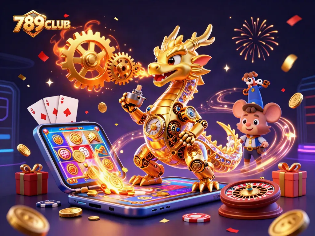 Experience thrilling gaming at 789CLUB featuring a golden dragon breathing gears and a vibrant slot game scene.