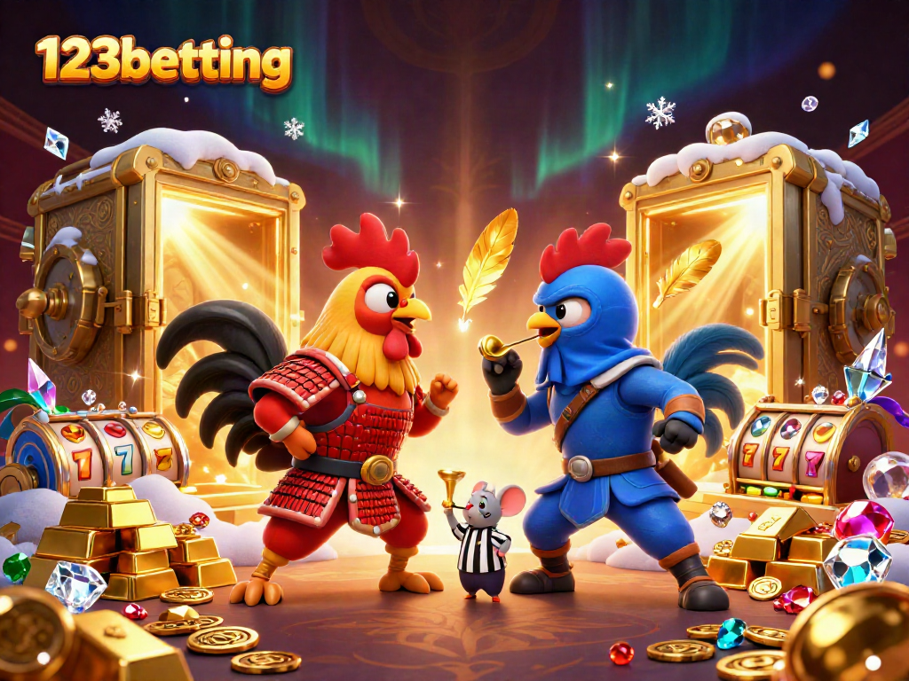 Catch the excitement of 123betting with cartoon roosters in combat over a fortune in casino treasures.