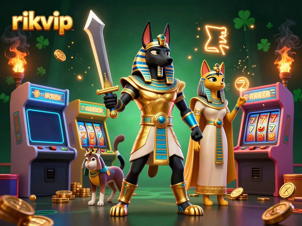 Experience the excitement of rikvip with Anubis and Bastet amidst colorful gaming elements.