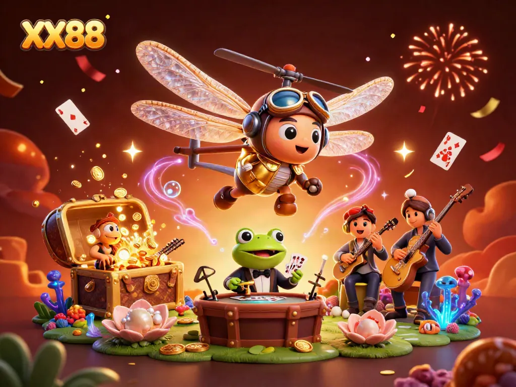 Experience the excitement of XX88 with a dynamic casino scene featuring vibrant characters and magical elements.