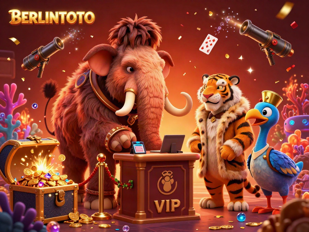 Experience the vibrant energy of BERLINTOTO's casino scene with a woolly mammoth bouncer and VIP elements.