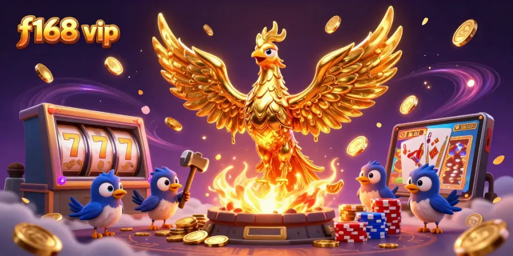 Engage with the exciting f168 vip gaming experience featuring a molten gold phoenix and lavish casino elements.