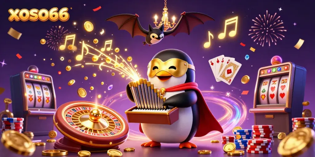Experience excitement with xoso66, a vibrant casino scene featuring a magical penguin playing an organ that dispenses coins.