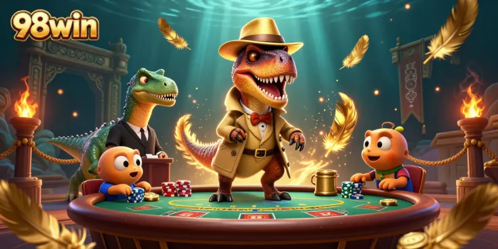 Experience thrilling moments at 98win with cartoon dinosaurs in a dynamic casino scene.