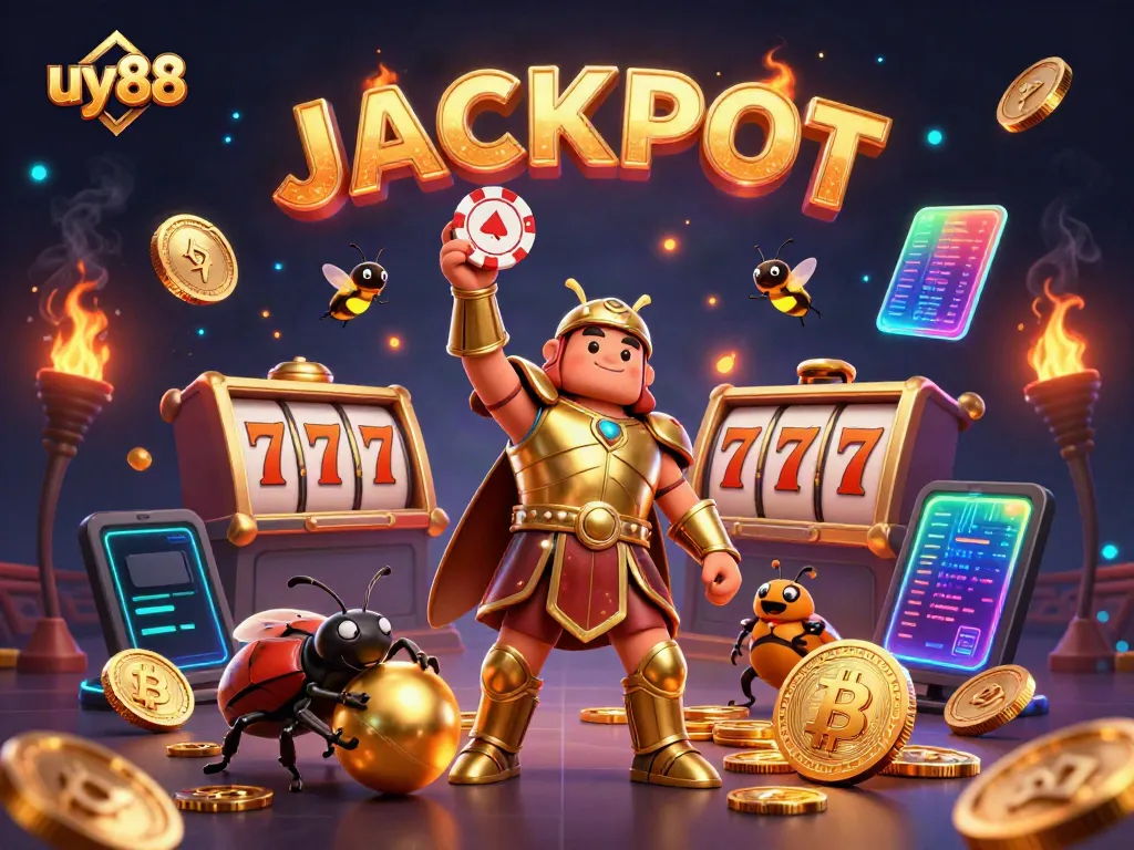 Celebrate a jackpot win at uy88 casino with vibrant 3D characters and gaming elements.