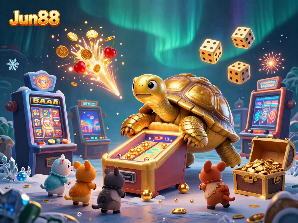 Experience thrilling gameplay with Jun88's dynamic casino offerings in a vibrant 3D illustration.