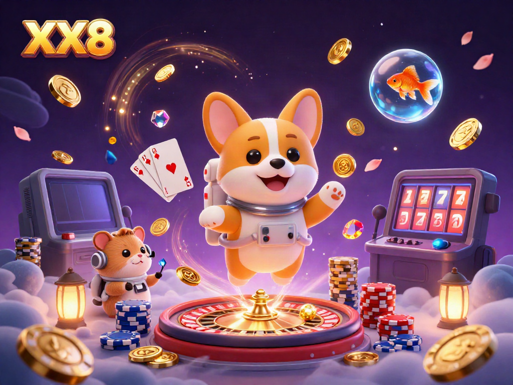 Experience exciting gameplay at XX8 with a cartoon astronaut corgi and friends in a cosmic casino