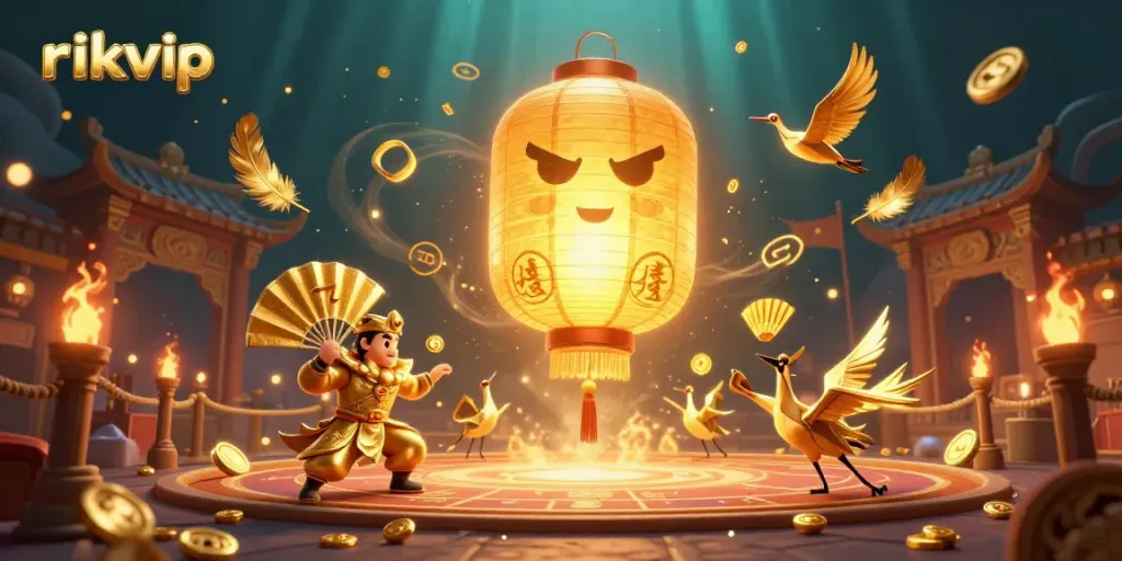 Experience rikvip's vibrant gaming scene with golden luck symbols and dynamic casino atmosphere.