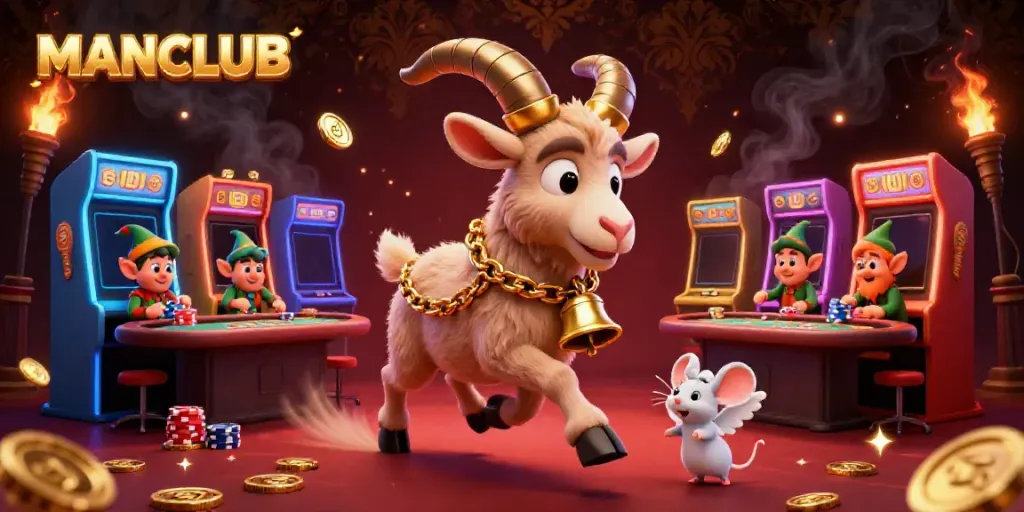 Engage with the festive gaming world of MANCLUB, featuring dynamic characters in a bustling casino atmosphere.