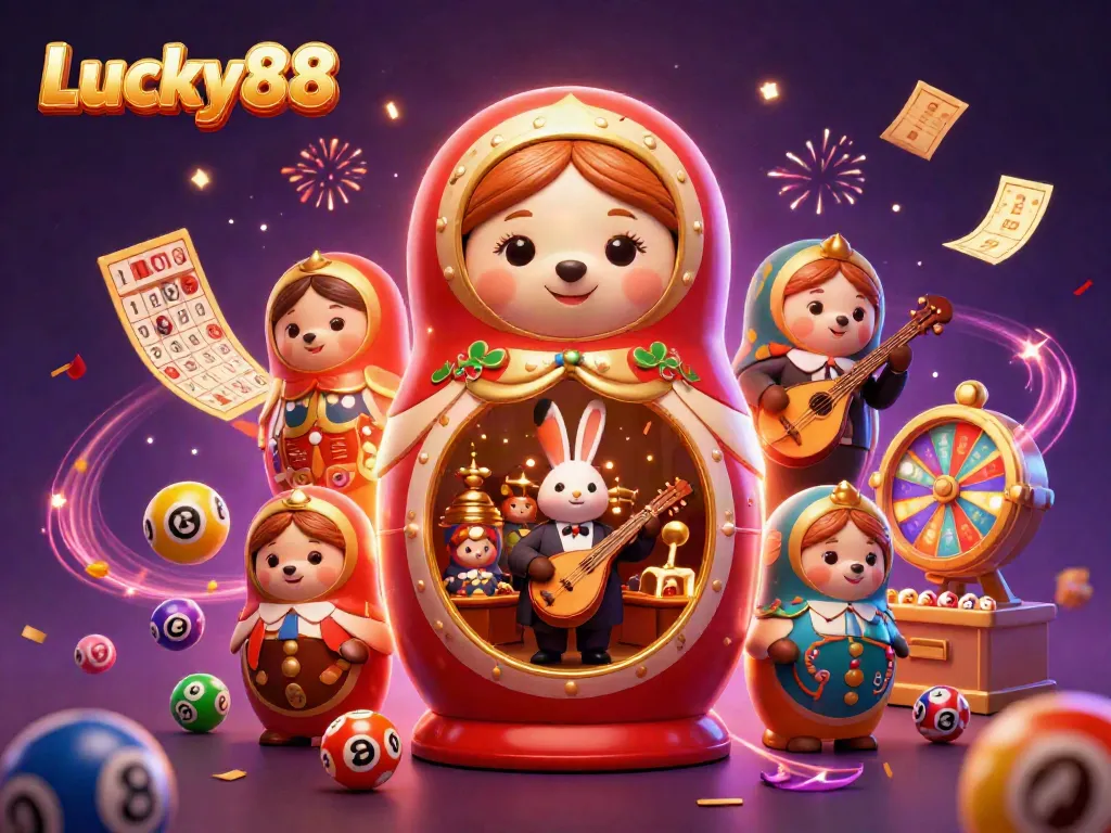 Engage with Lucky88's vibrant illustration featuring festive casino elements and dynamic characters.