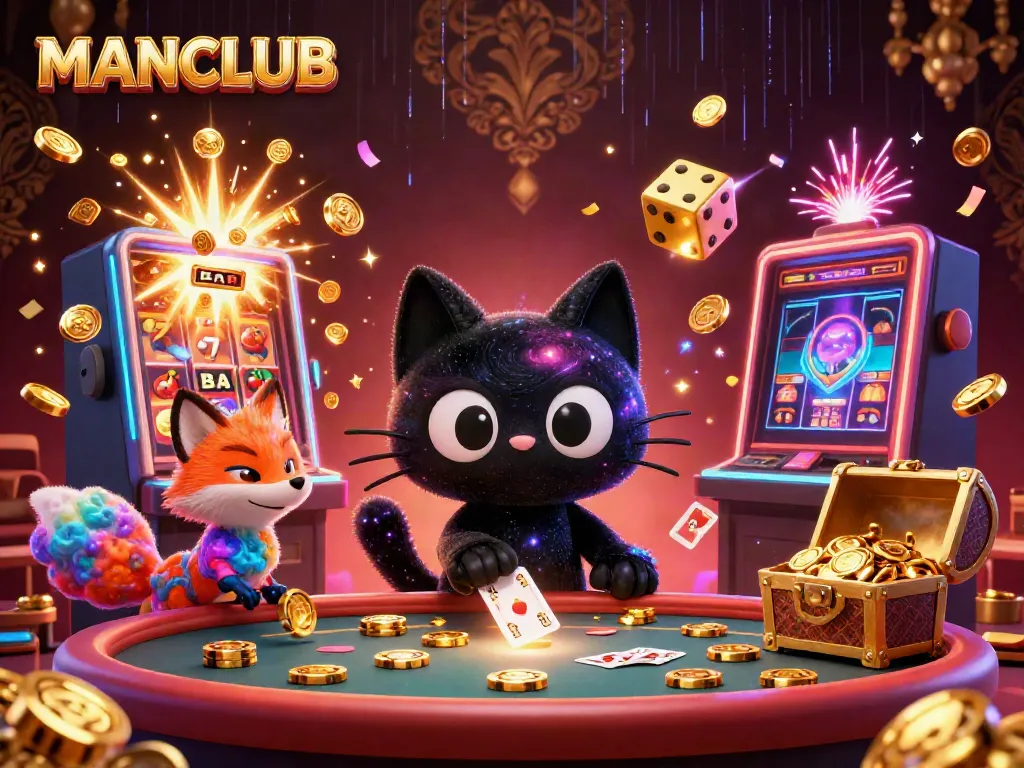 Engaging MANCLUB casino scene with a gravitational black hole cat and colorful fox at a cosmic table.