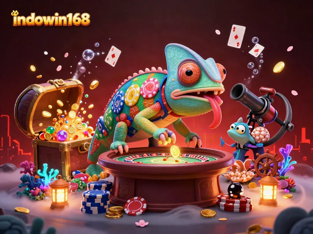 Experience the vibrant world of indowin168 with a chameleon casino owner amidst a treasure-filled scene.