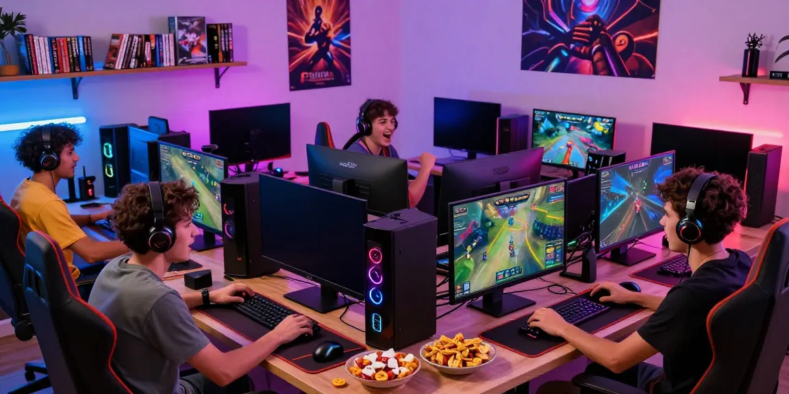 Exciting gaming atmosphere at KILAT404 with players engaged in action, vibrant colors, and modern gaming gear.