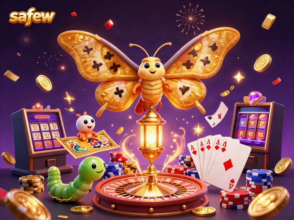 Engage in exciting gameplay with safew's dynamic casino options, featuring a vibrant scene with golden moths and gaming elements.