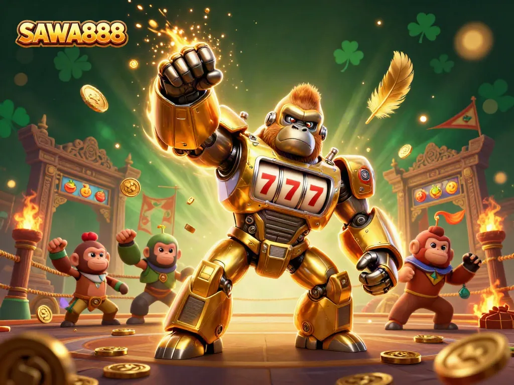 SAWA888 slots showdown with a golden gorilla mech and dynamic casino elements