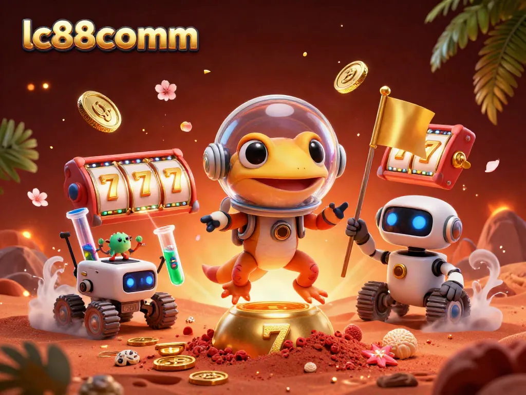 Experience excitement at lc88comm with the Martian gecko exploring a unique golden casino amidst vibrant gambling elements.
