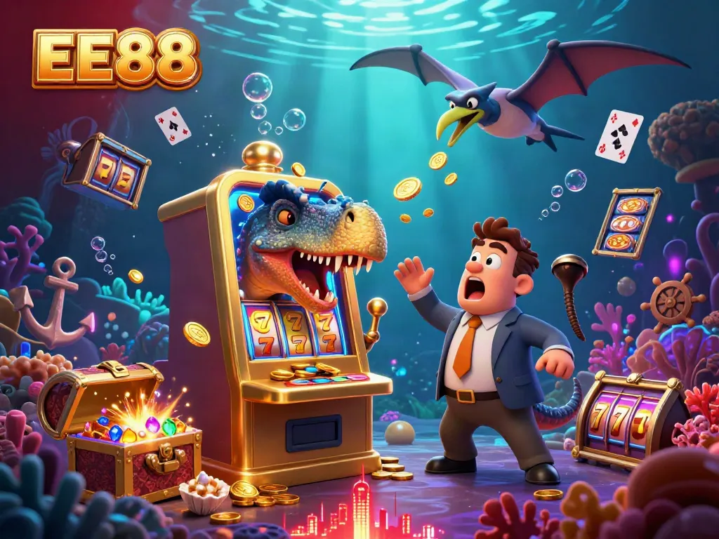 EE88 illustrates a pachycephalosaurus winning jackpot coins at a casino, showcasing a vibrant and dynamic scene.