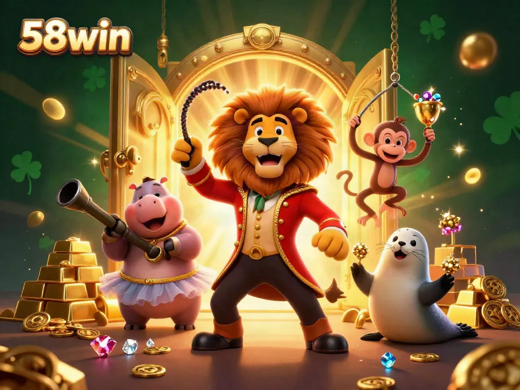 The 58win carnival showcases vibrant characters and treasures, igniting the excitement of online gaming.
