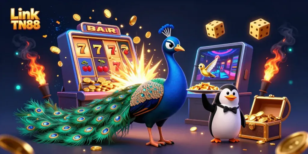 Experience the glamour of Link TN88 with vibrant casino elements, featuring a peacock and a penguin.