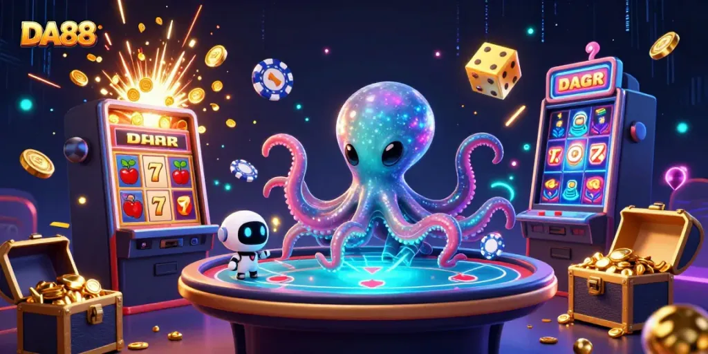 Engage in thrilling casino gameplay at DA88 with a vibrant octopus character surrounded by dynamic gaming elements.