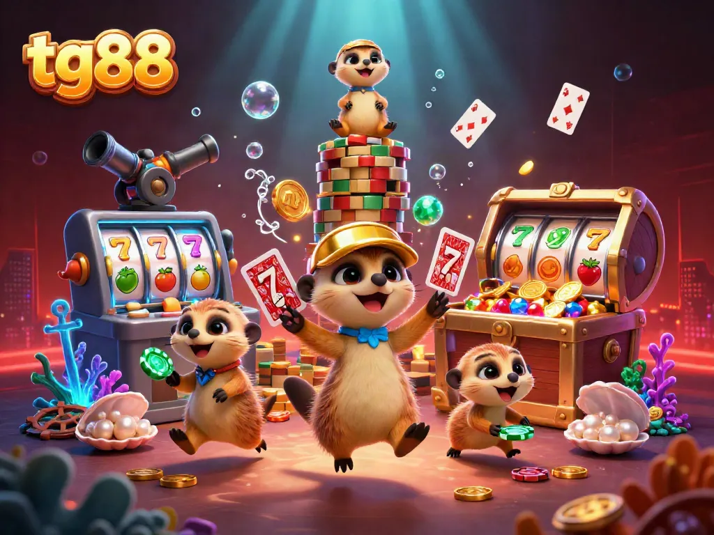 Engage with tg88's vibrant casino scene featuring meerkats running slot machines and playing cards.